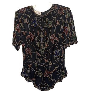 Vintage Laurence Beaded Sequin Small Top Black Silk Asymmetrical Party Artsy